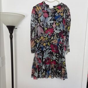 Ted Baker Black Floral Mesh Tiered Dress with Pink, Yellow and Blue Accents